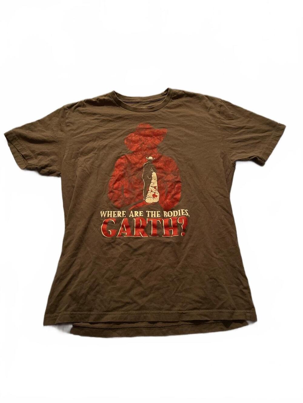 Funny YMH Studios Large Gray Graphic T-Shirt 'Where Are The Bodies Garth?'